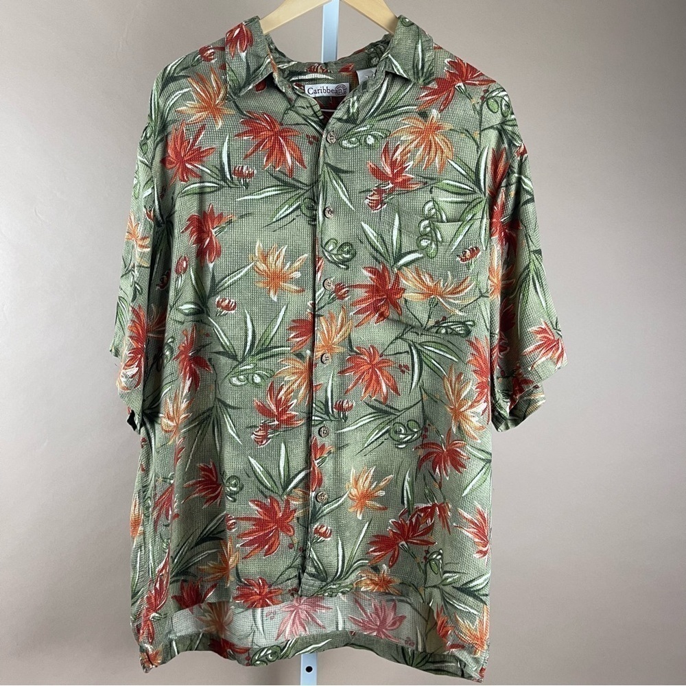 Caribbean Men's Large Tropical Design Floral Camp Shirt Vacation Island Hawaiian